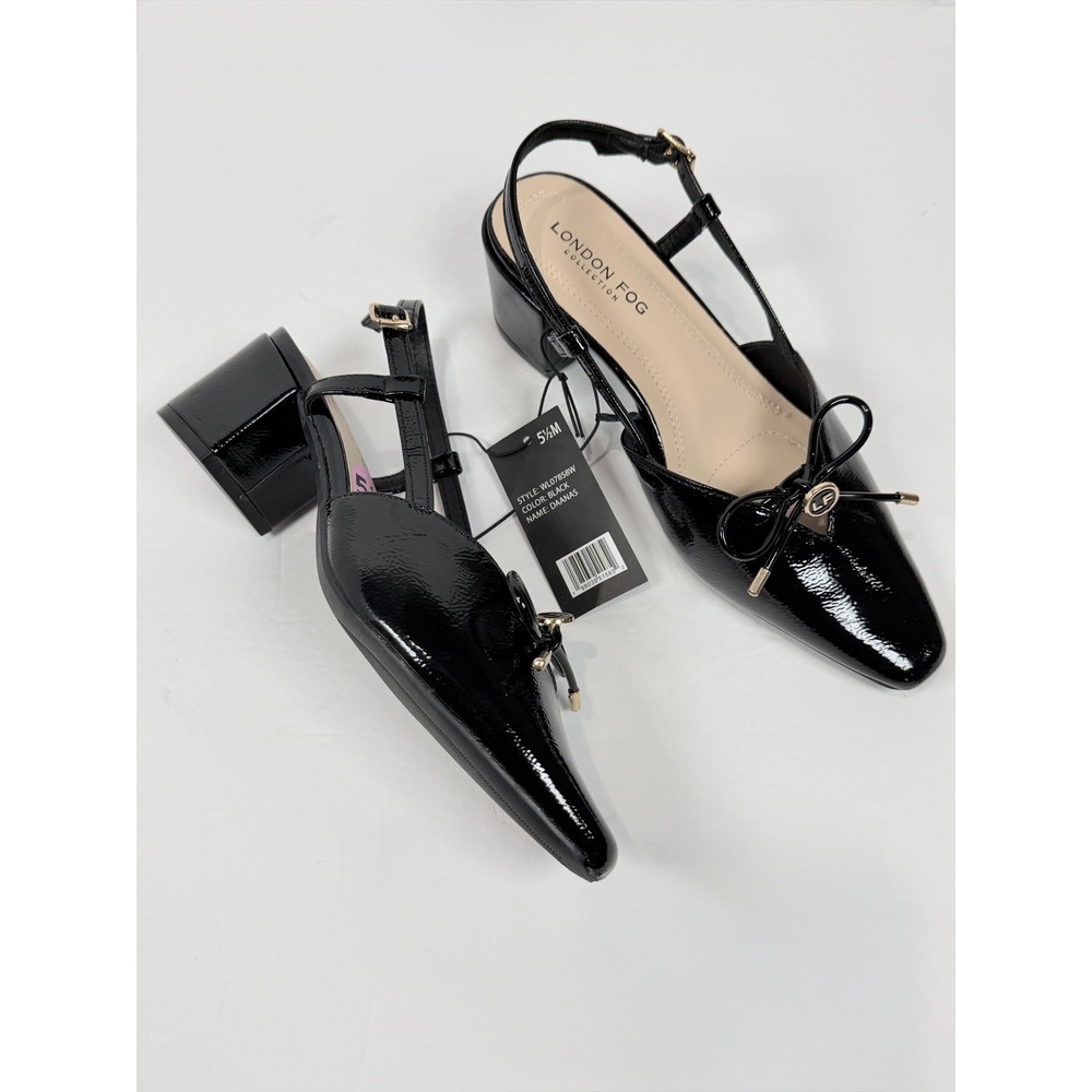 London Fog Daanas Black Patent Slingback Block Heel Pumps Womens 5.5 WL0785BW